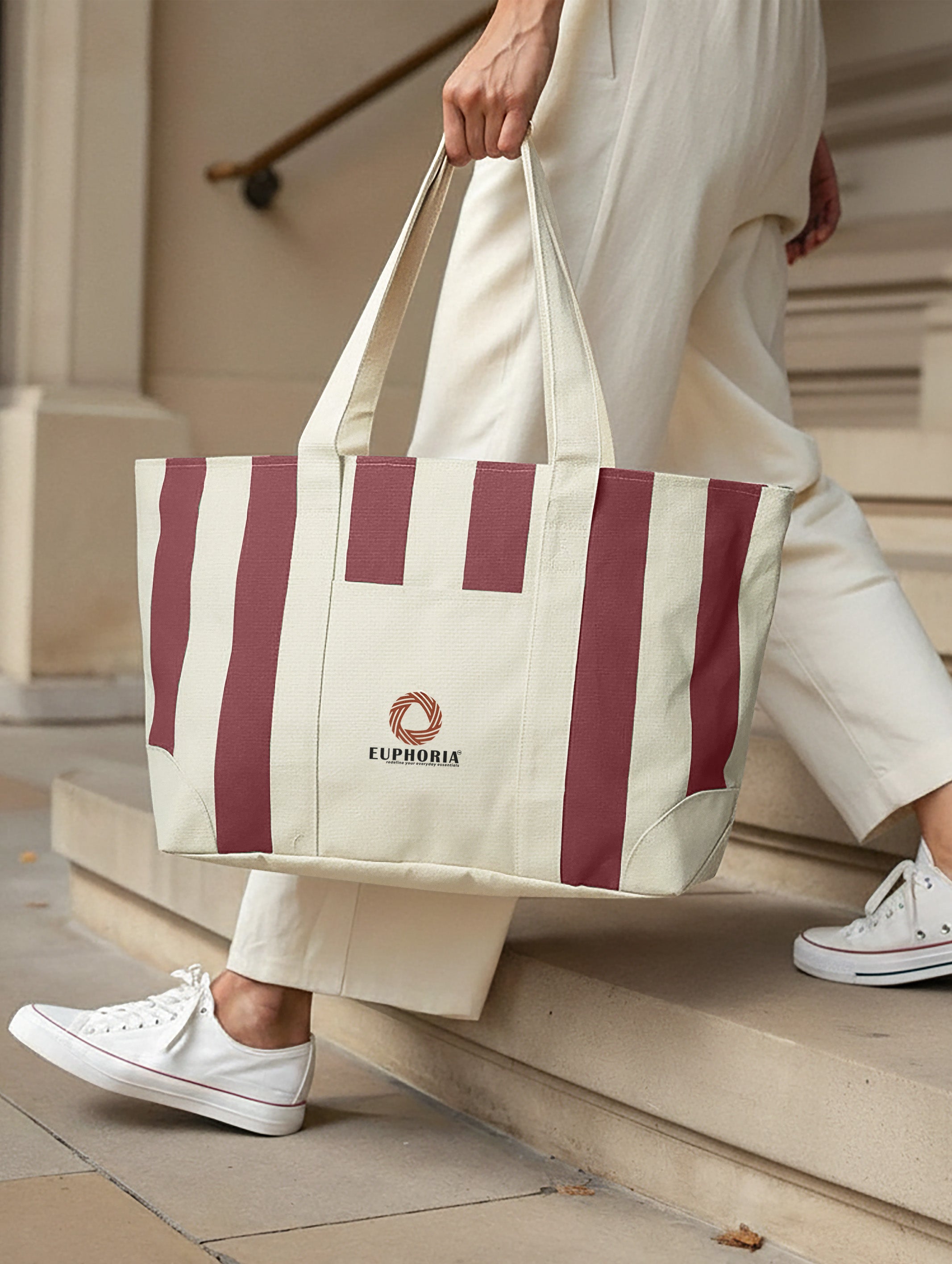 Everyday Essential Large Maroon & Beige Tote Bag - EAUTB-5V2-231-1P