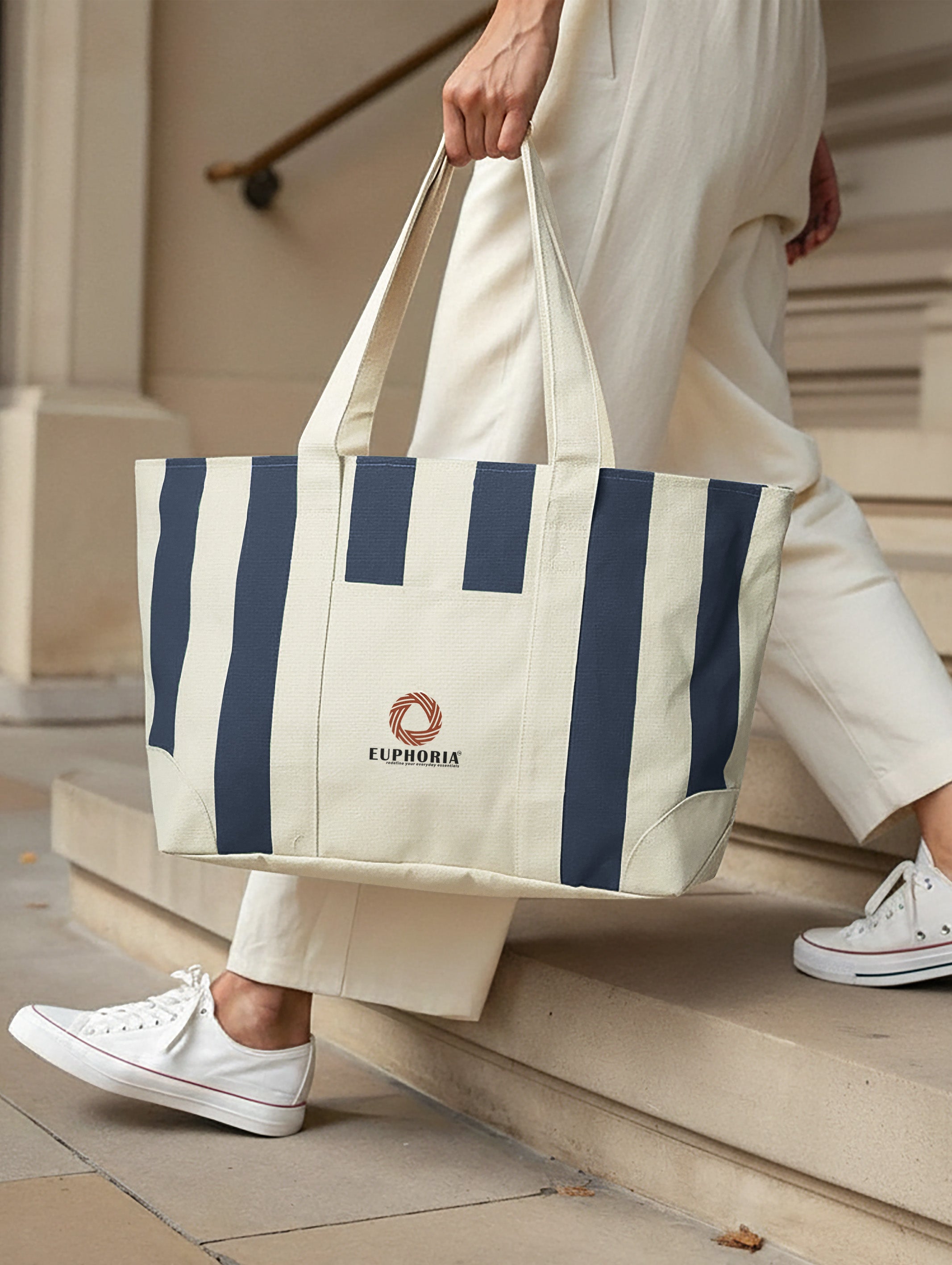 Everyday Essential Navy Blue & Beige Large Tote Bag - EAUTB-5V2-230-1P