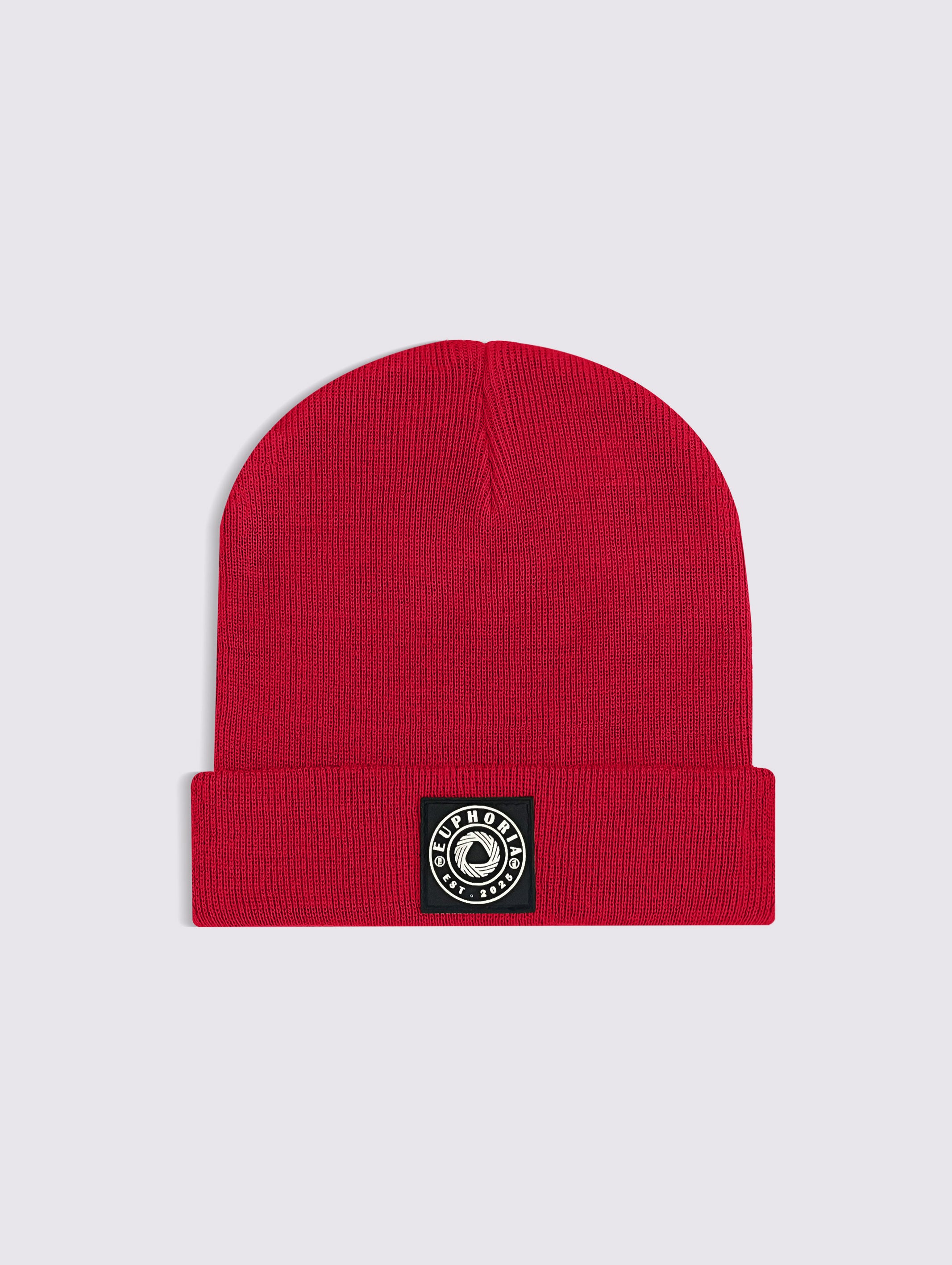 Red acrylic knit unisex knitted beanie cap – product detail view