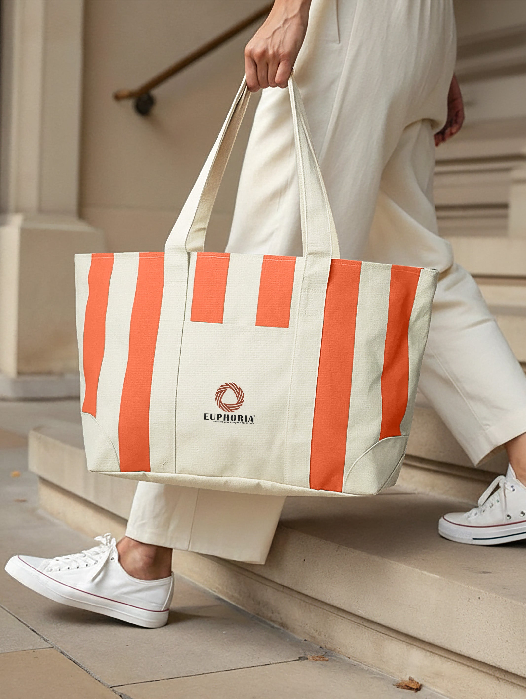 Orange large zip tote bag for work and travel, 25"L x 13"H x 7"W – product detail view
