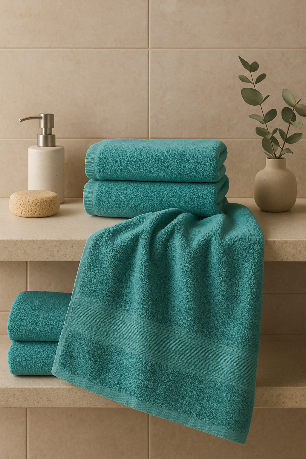 Teal towels on a bathroom counter with a plant and soap dispenser.