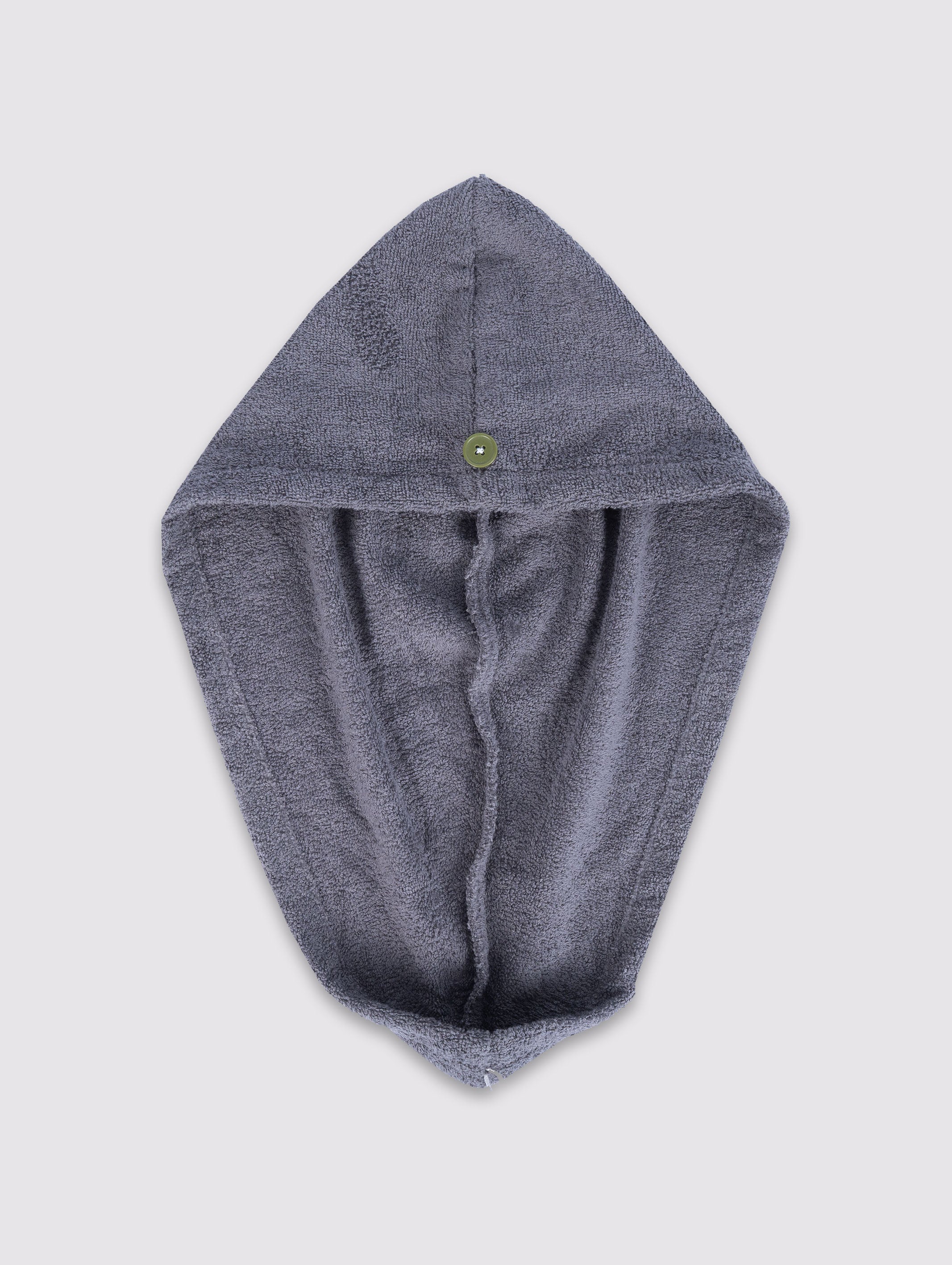 Gray hooded towel with a button on a light gray background
