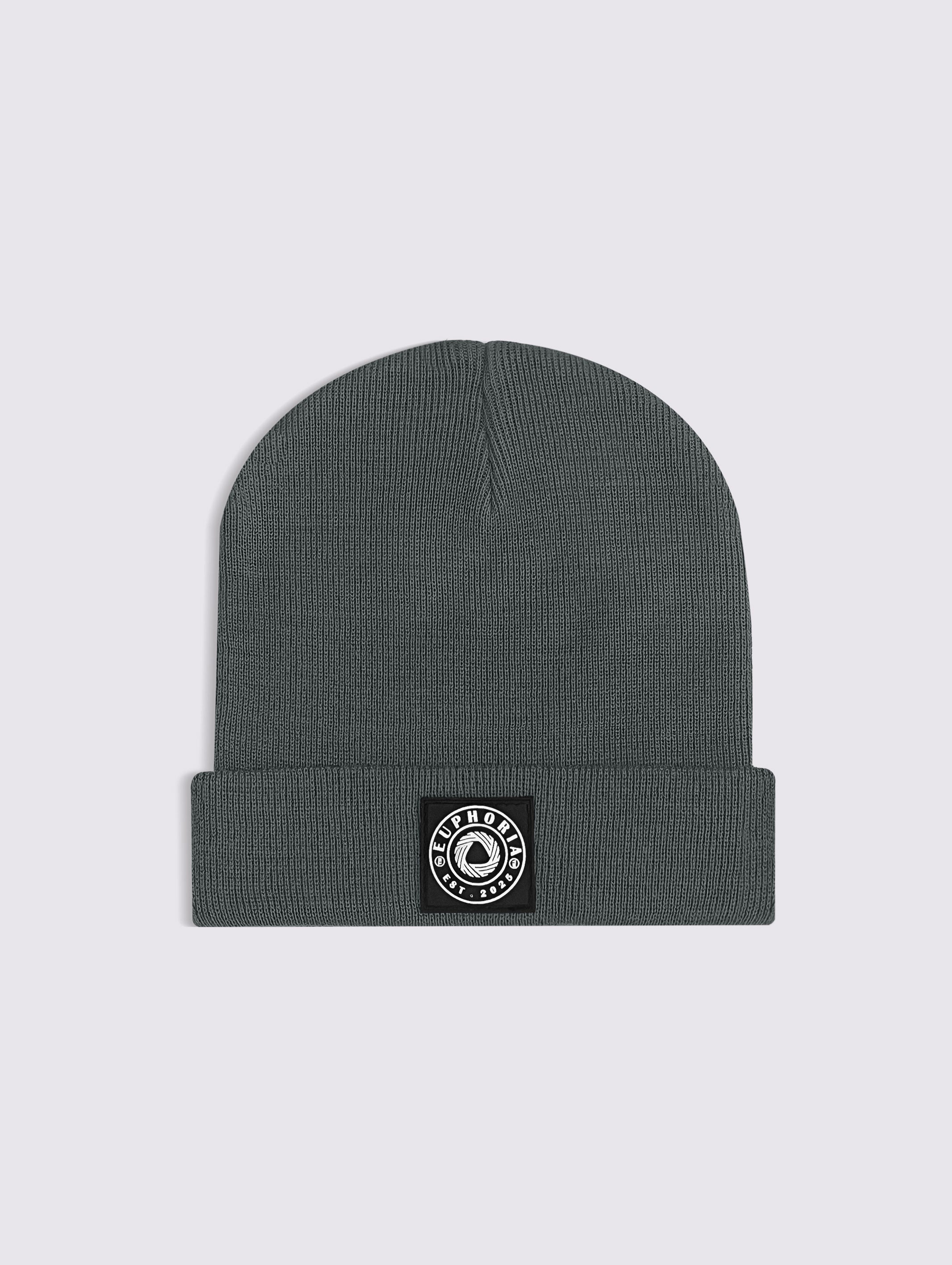 Grey acrylic knit unisex knitted beanie cap – product detail view