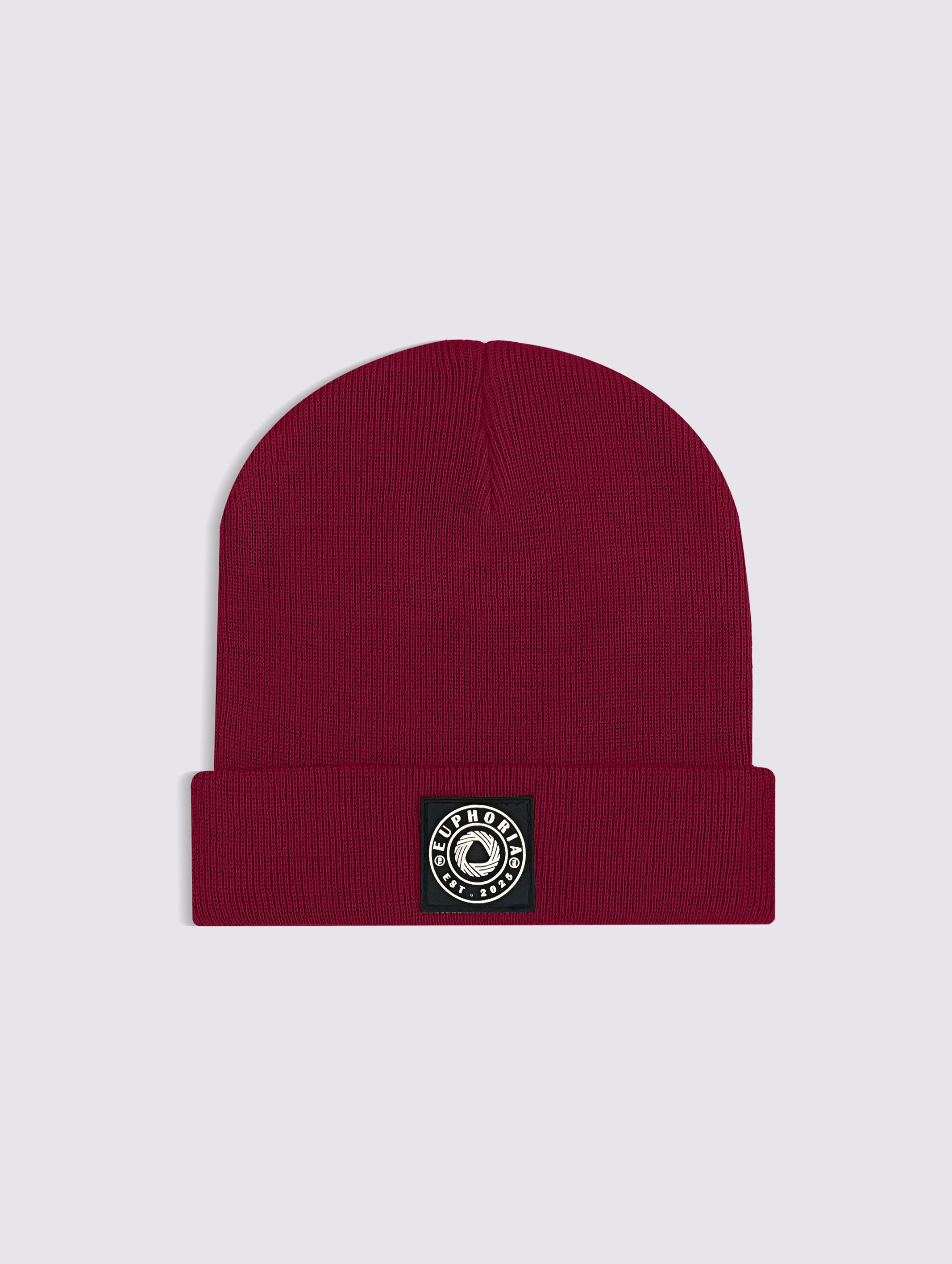 Maroon acrylic knit unisex knitted beanie cap – product detail view