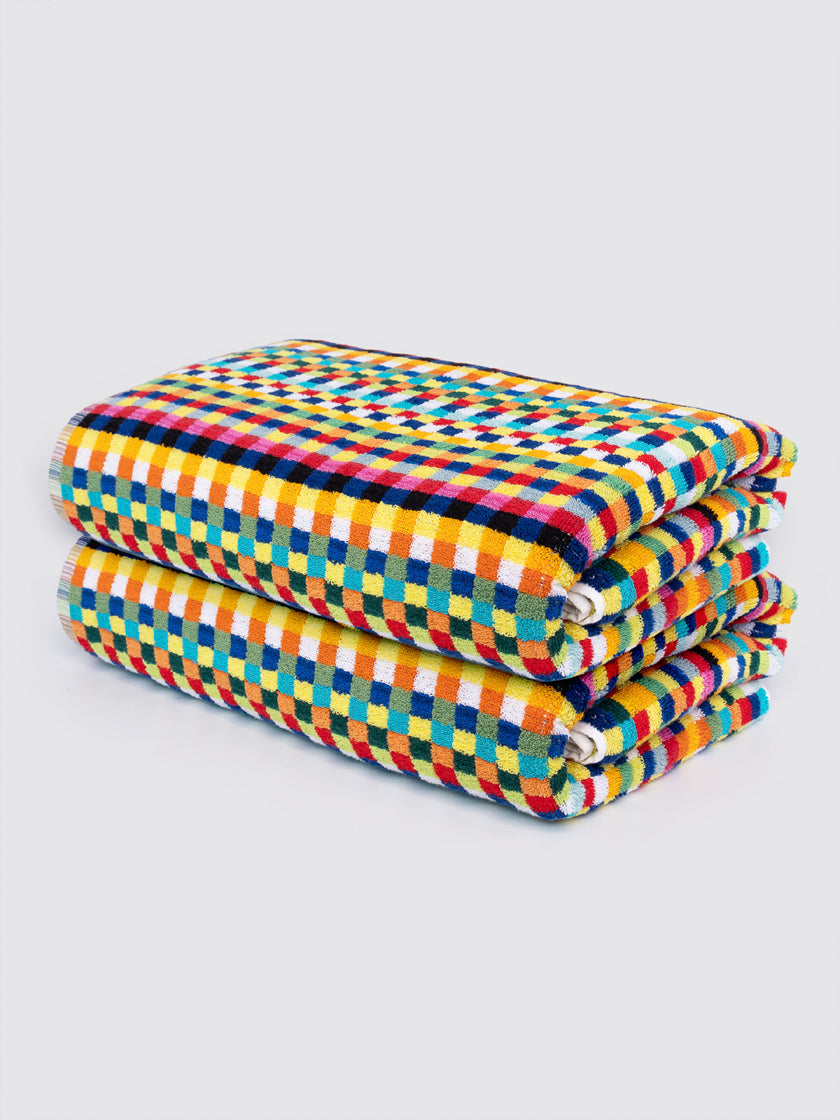 Multicolor Gingham ring-spun cotton oversized bath sheet towel, pack of 2, 35x70 inches – main product view